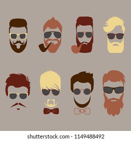 Set of color mustache, beards, hair hipster with glasses, bow tie and smoking pipes. Retro curly collection. Barber silhouette