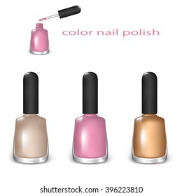 Set of Color Nail Polish. Beige, Light Pink and Gold Color on a White Background. Mesh Gradient and Transparency was Used. EPS-10.