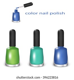 Set of Color Nail Polish. Green, Turquoise and Blue Colors on a White Background. Mesh Gradient and Transparency was Used. EPS-10.