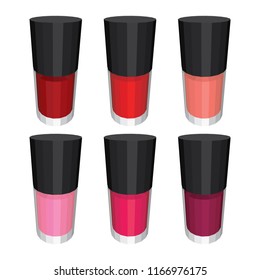 Set of Color Nail Polish Isolated on White Background. Set in a Red-Pink Palette. Vector 3d Illustration.