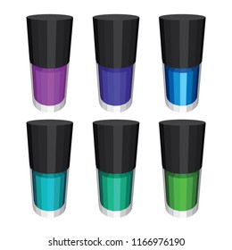 Set of Color Nail Polish Isolated on White Background. Set in a Blue-Green Palette. Vector 3d Illustration.