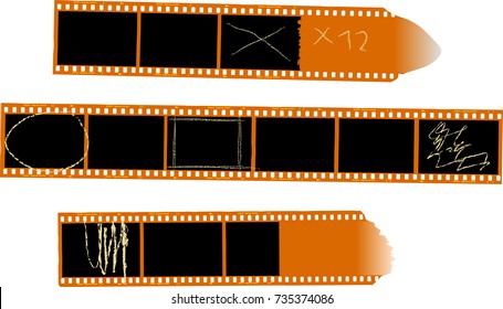 set of color negative film stripes, with marks, empty photo frames, isolated,vector 