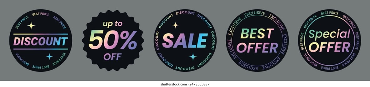 A set of color neon selling stickers, label with a holographic effect. Isolated rainbow emblems 50% off, discount, best offer, special offer, sale. Vector illustration EPS10

