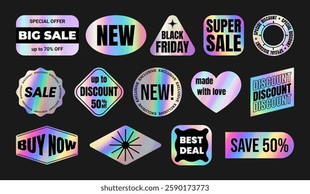 Set of color neon sticker, label, tag with holographic effect. Isolated Shiny rainbow emblem New, 50% off, Best offer, deal, Sale, buy now, Discount Vector illustration EPS10