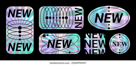 Set of color neon sticker template, holographic effect label in retro Y2k style. Oval Shiny Smooth Mirror Rainbow Emblem New. Isolated on black background EPS10 Vector Illustration.	

