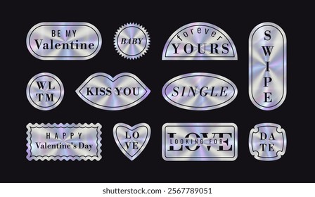 Set of color neon Valentine's Day and Love concept Hologram Stickers. Label with holographic effect. Shiny rainbow geometric shapes emblems Baby, be my, forever yours, swipe, kiss you with lips.