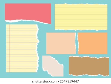Definir folha de nota colorida, nota adesiva, página de bloco de notas, pedaço de papel rasgado. Modelos de nota