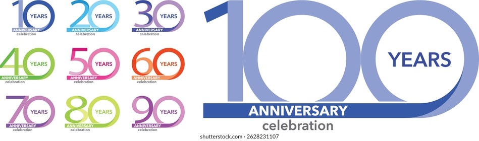 conjunto de cores número 10 20 30 40 50 60 70 80 90 e 100 com as palavras ANOS no círculo e celebração ANIVERSÁRIO na parte inferior.