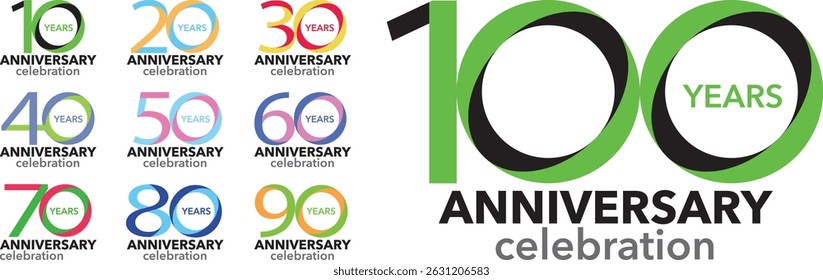 conjunto de cor número 10 20 30 40 50 60 70 80 90 e 100 com palavras ANIVERSÁRIO ANOS celebração na parte inferior.