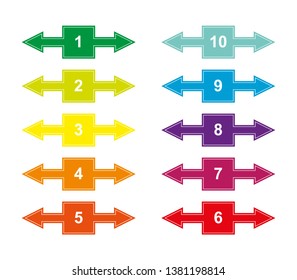 Set of color numbered squares with numbers from 1 to 10 with right and left arrows for design and decoration of projects, presentations, plans. Tab with numbering.
