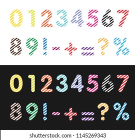 A set of color numbers for adding mathematical examples and numbers. Vector isolated striped signs and numbers.