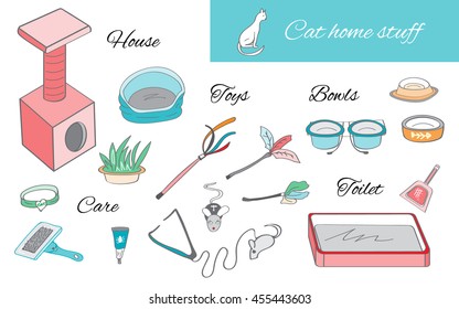 Set of color objects for cat care. Cat house, toilet, bowls, toys elements.