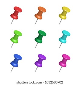 Set of color office push pins. Simple flat vector illustration isolated on white background.
