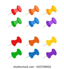 Set of color office pushpins. A simple flat vector illustration isolated on a transparent background.