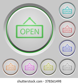 Set of color open sign sunk push buttons.