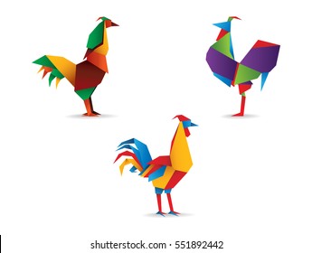 Set of color origami cocks