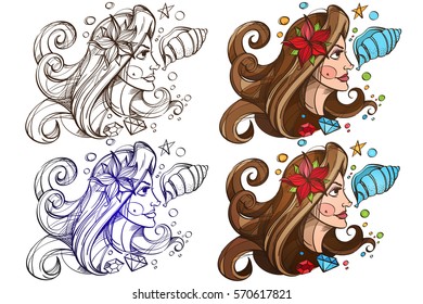 Set of color and outline illustration with a portrait of a beautiful girl and shells. Profile of a woman with long hair. Drawing for the design of beauty salons, cosmetics.