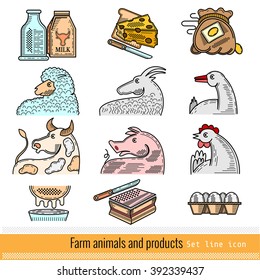 Set of Color Outline Web Icon. Domestic animals and products