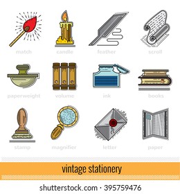 Set of color Outline Web Icon. Vintage Stationery