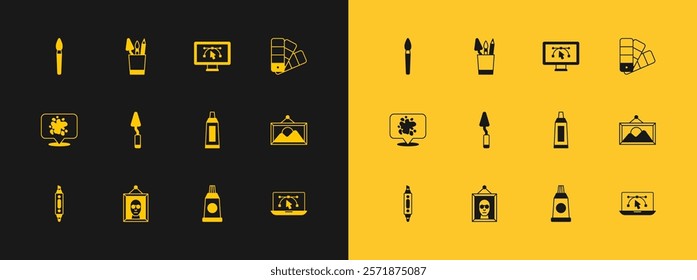 Set Color palette guide, Picture, Tube with paint, Palette knife, Computer design program, Paint brush and Pencil case stationery icon. Vector