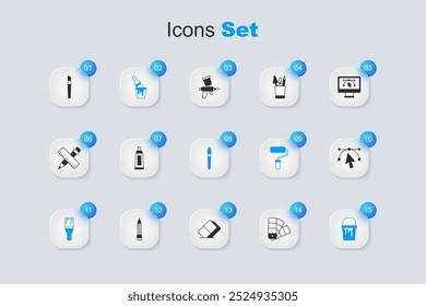 Set Color palette guide, Tube with paint, Paint bucket brush, Bezier curve,  and  icon. Vector