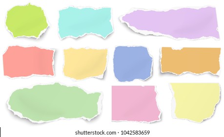 Set of color paper different shapes tears isolated on white background