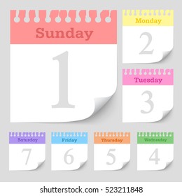 Set of color paper note with seven day in English language isolate on gray background ,vector design illustration