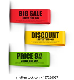 Set of color paper sale ribbon stickers vector design template on white background. Can be used for e-commerce, banner, discount label, tag, shopping, poster, advertising, postcard.