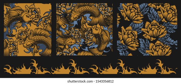 Set of color patterns on a Japanese theme with koi carps, peonies, waves. The set includes a seamless border of won. Ideal for factory printing