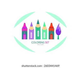 Set of color pencil and brush with colorful in vector isolated using kids page. Preschool sharp pencil and sketch icon.