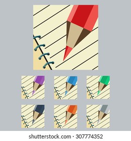 Set of Color Pencil with Notebook, Diary, Pocketbook, Sketchpad For Notes Reminder, For Writing Some Information. Illustration, Vector