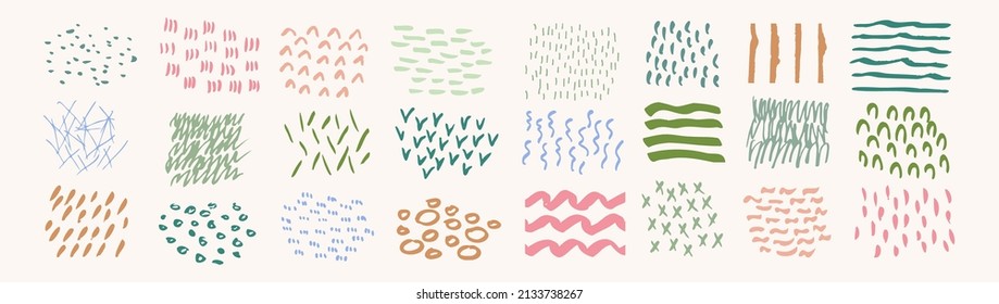 Set of color pencil paint scribble or crayon abstract banner. Organic spring shape, childish doodle vector illustration isolated white background. Graphic texture element for header, fabric, cover