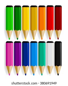 Set of color pencils with drop shadow isolated on white background. Vector illustration