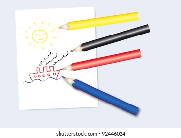 Set of color pencils with notepad and kids drawing