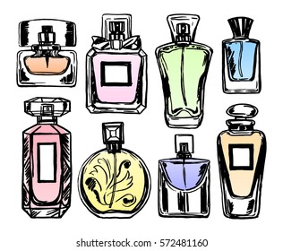 Set Of Color Perfume Bottles. Sketch Style. Vector Illustration