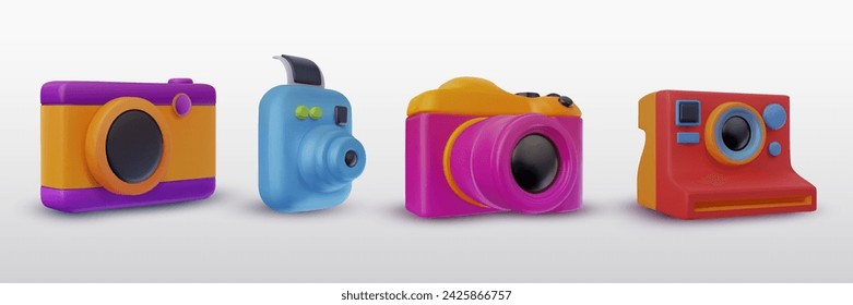 Set color photo camera in bright fashion cartoon 3d style. Cute modern minimal vector illustration.