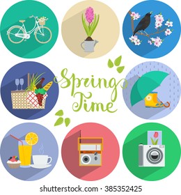 Set of color pictures in a flat style. Spring time in vector illustration.