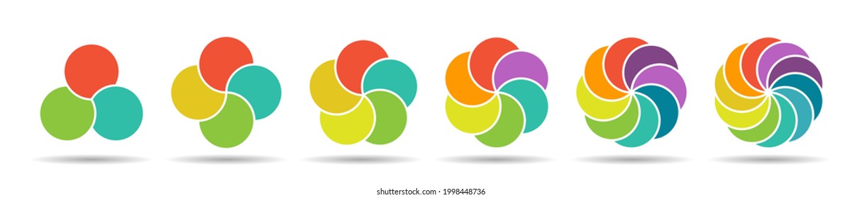 set of color pie charts of 3, 4, 5, 6, 8, and 10 parts or elements for visualizing infographics, business plans, marketing, and reporting. Simple design, stock vector illustration.