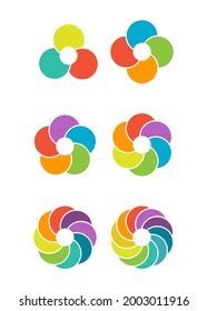 conjunto de gráficos circulares en color de 3, 4, 5, 6, 8 y 10 partes o elementos para visualizar infografías, planes de negocios, marketing y reportes. Diseño simple, ilustración vectorial de stock.