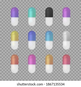 Set of color pills and tablets on transparent background. Medical and healthcare concept. Medications.  Vector illustration.