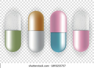 Conjunto de pastillas y comprimidos de color sobre fondo transparente. Concepto médico y de salud. Medicaciones. Ilustración vectorial.