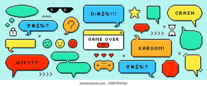 Set of color pixel dialogue boxes different shape. Chat speech bubbles, message frames, dialogue balloons with swear words in 8bit retro style. Pixelated game over, kaboom text, smile or heart sticker