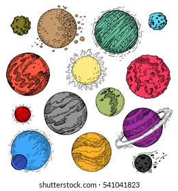 set of color planets, asteroids, comets and celestial cosmic bodies