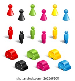 Set of color plastic gaming pieces isolated on white