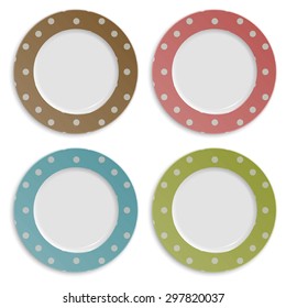 Set of color plates with polka dot pattern isolated on white. Vector EPS10 illustration. 