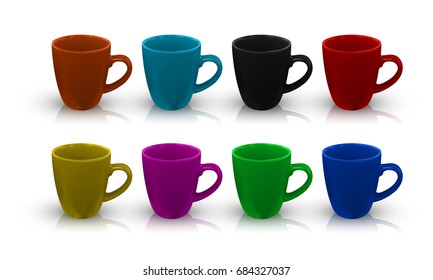 set of color porcelain cup with reflection and shadow isolated on white background. vector illustration