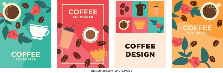 Conjunto de carteles de color de diseño de café. Elementos de diseño de árbol de taza de café de dibujo vectorial. Plantilla de portada de póster de banner.