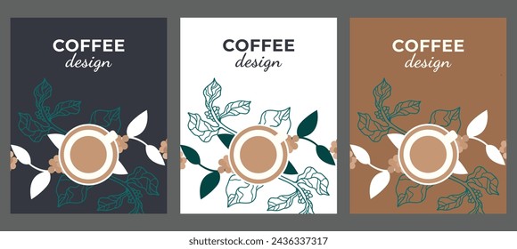 Conjunto de carteles de color plantilla de diseño de café banner tarjeta de impresión diseño de embalaje de impresión Vector dibujo de granos de árbol de café taza de café Vector elementos de diseño de archivo.