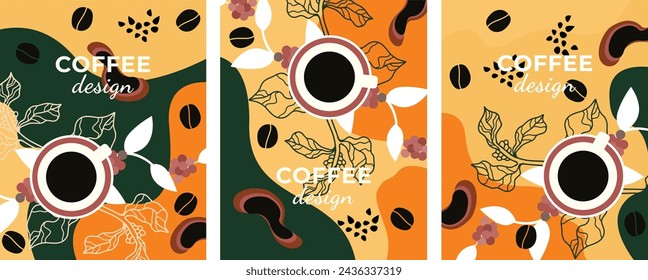 Set of color posters coffee design template banner poster card print packaging design Vector drawing coffee tree grains cup of coffee Vector file design elements.