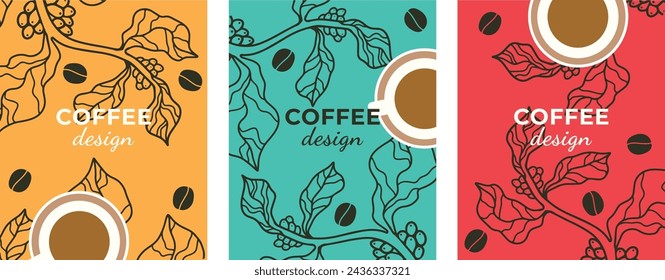 Set of color posters coffee design template banner poster card print packaging design Vector drawing coffee tree grains cup of coffee Vector file design elements.